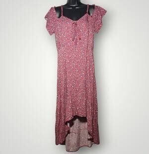 Hem & Thread Red Floral Cold Shoulder High Low Boho Midi Dress Sundress Sz L
